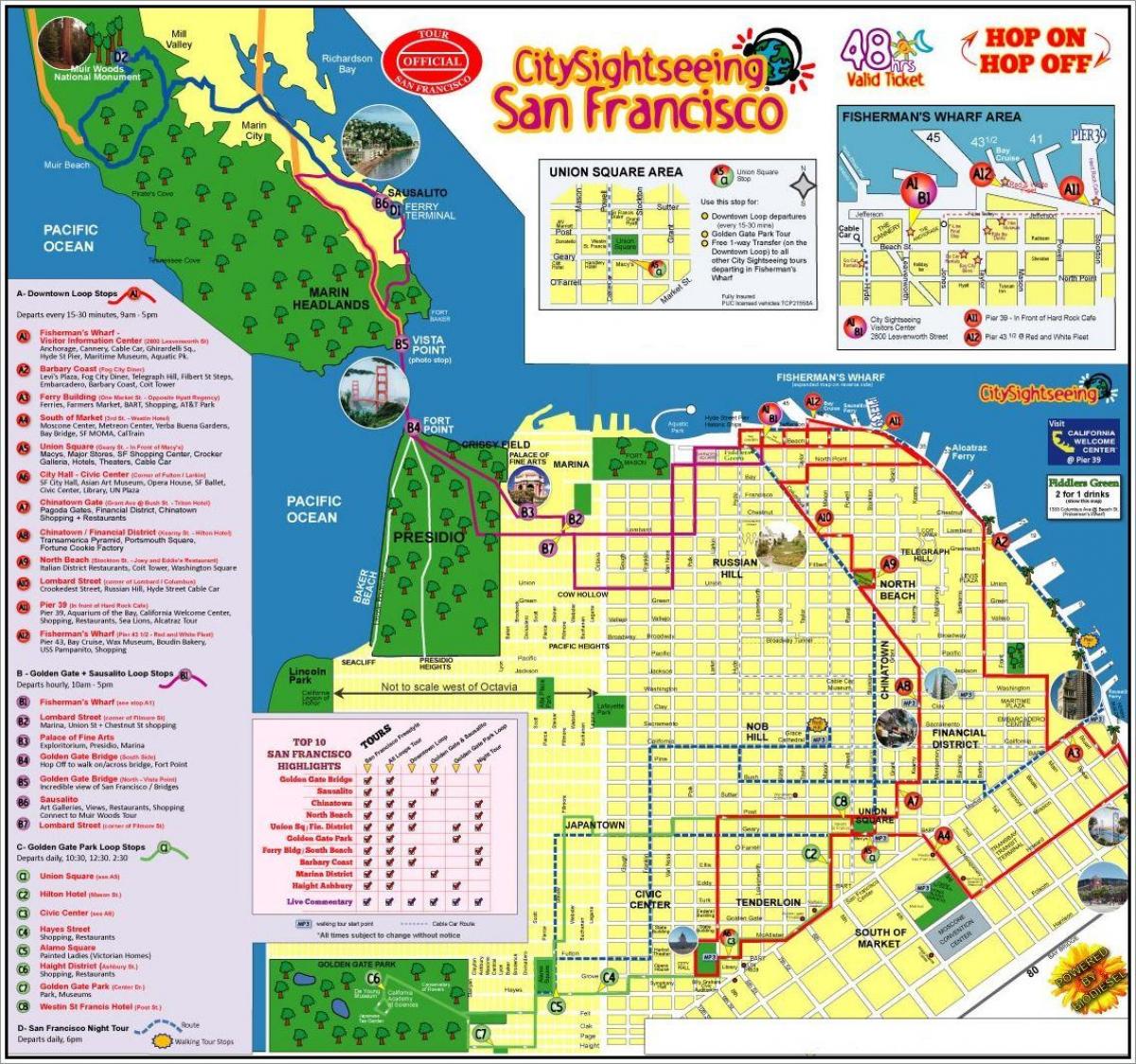 San Franciskas-hop on hop off kelionė autobusu žemėlapyje