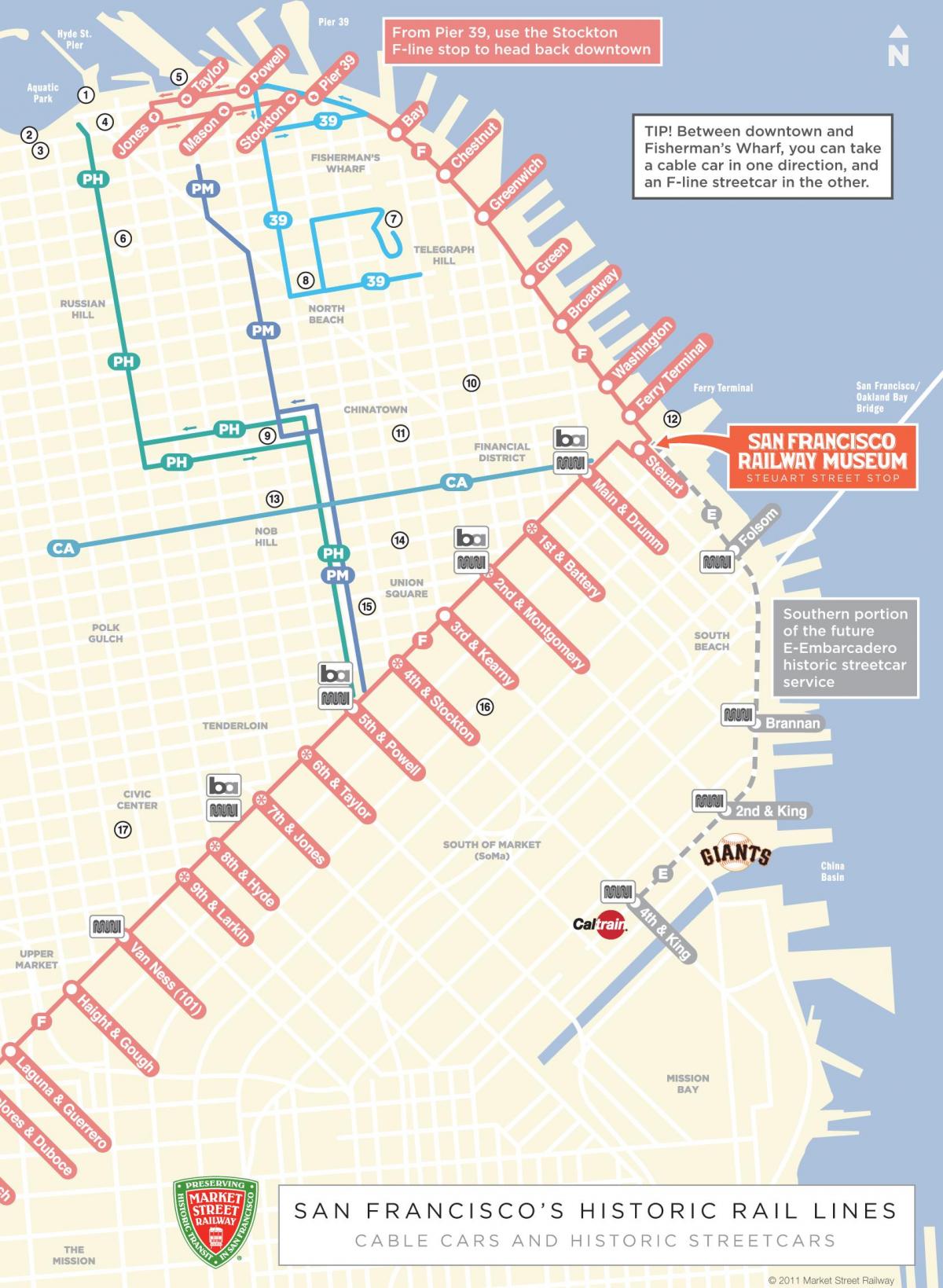Žemėlapis funikulieriaus maršrutu San Francisco, ca