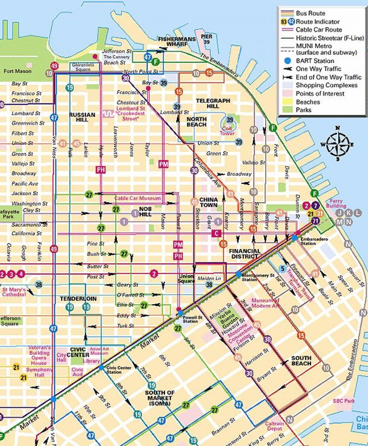 funikulierių linijos San Francisko žemėlapyje