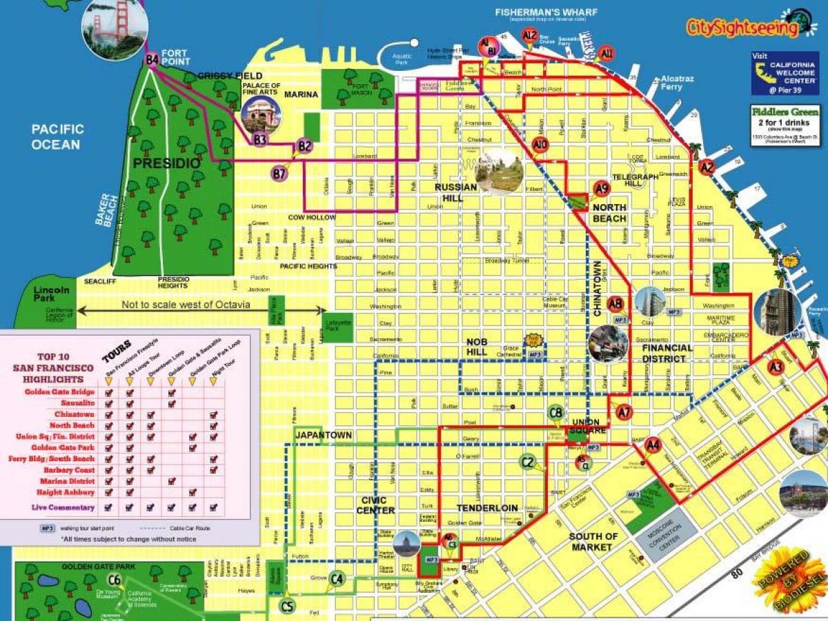 Žemėlapis miesto ekskursijos, San Francisko maršrutą