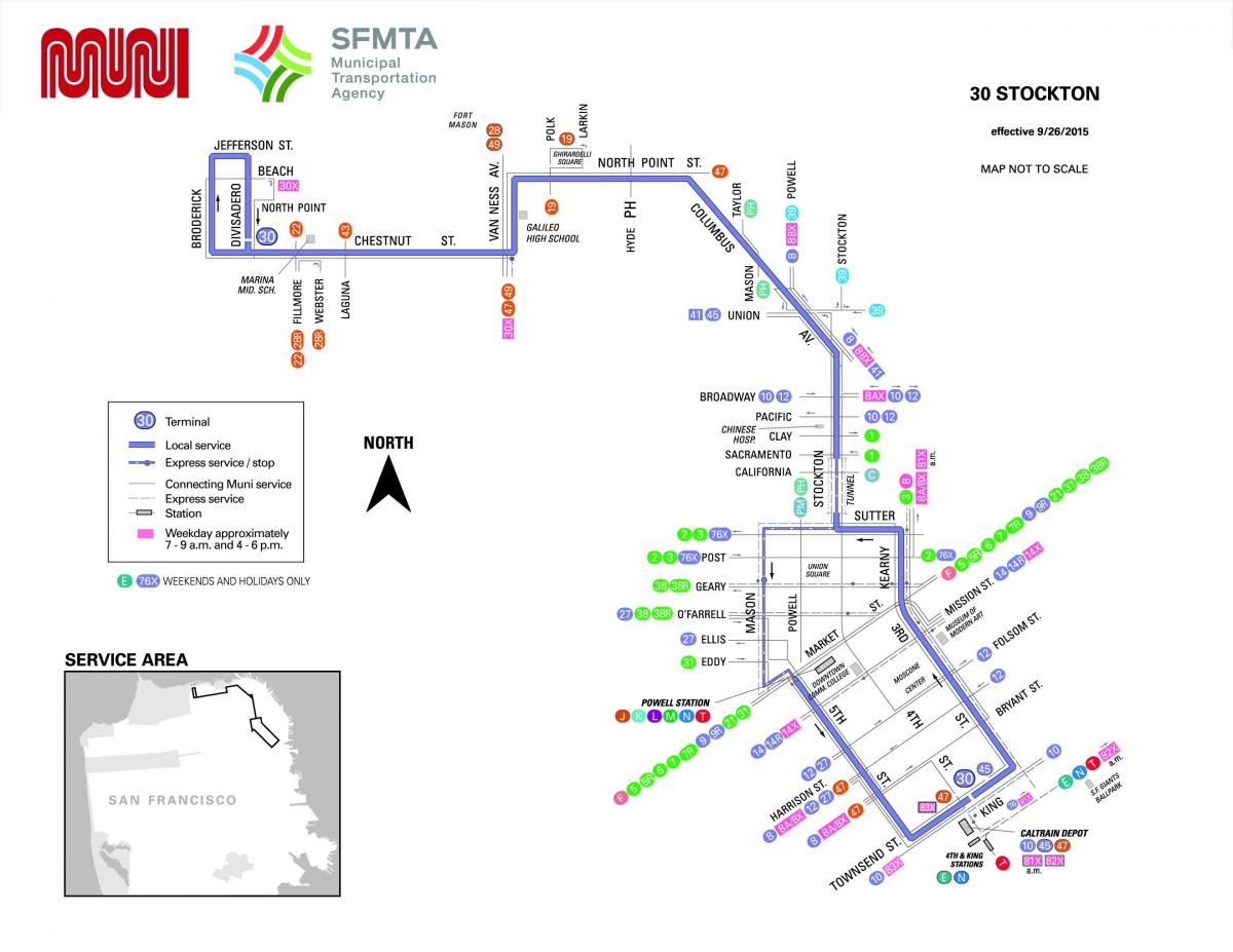 San Francisko autobusų 30 maršruto žemėlapį