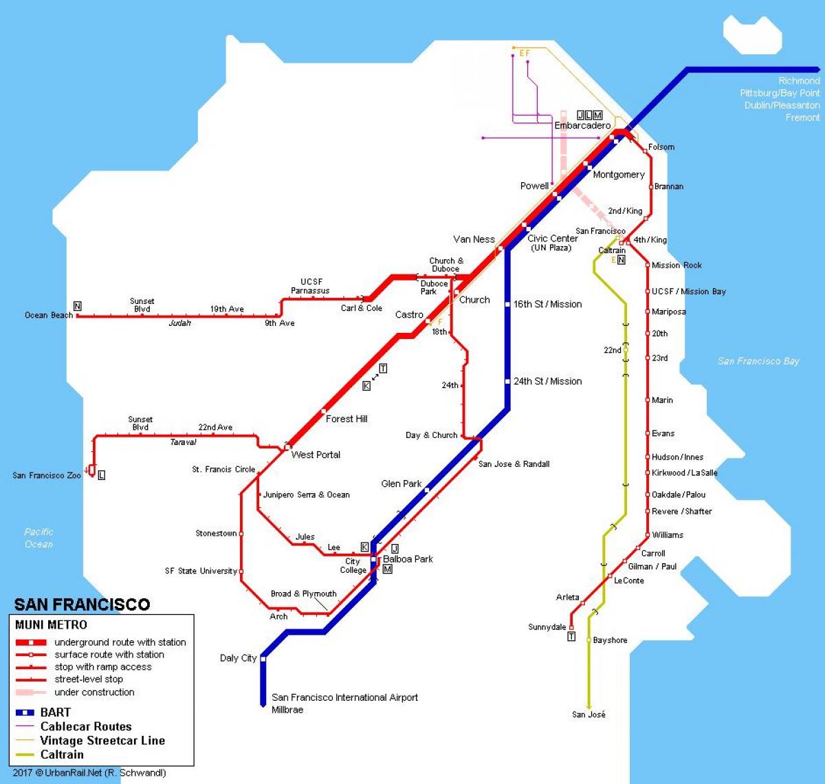 SF muni traukinių žemėlapis