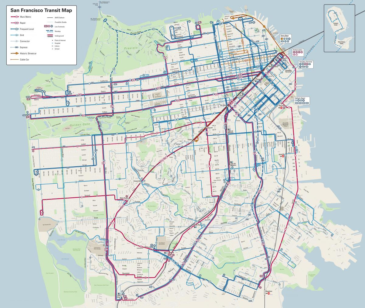 San Francisko autobusų linijų žemėlapis