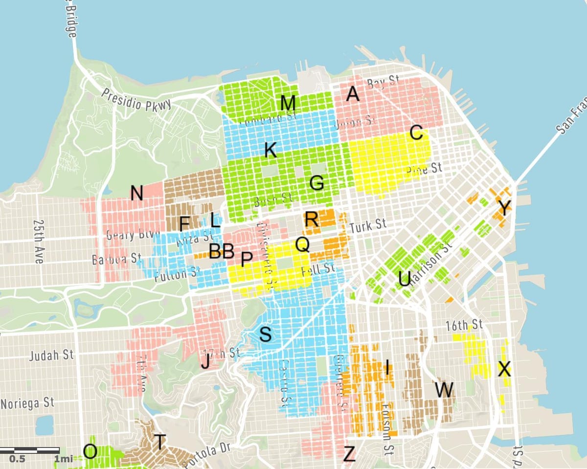 nemokama gatvės automobilių stovėjimo aikštelė San Francisko žemėlapyje