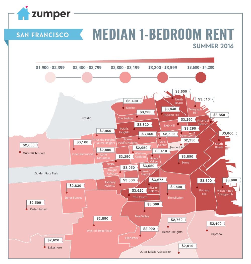 San Francisko nuomos kainos žemėlapyje