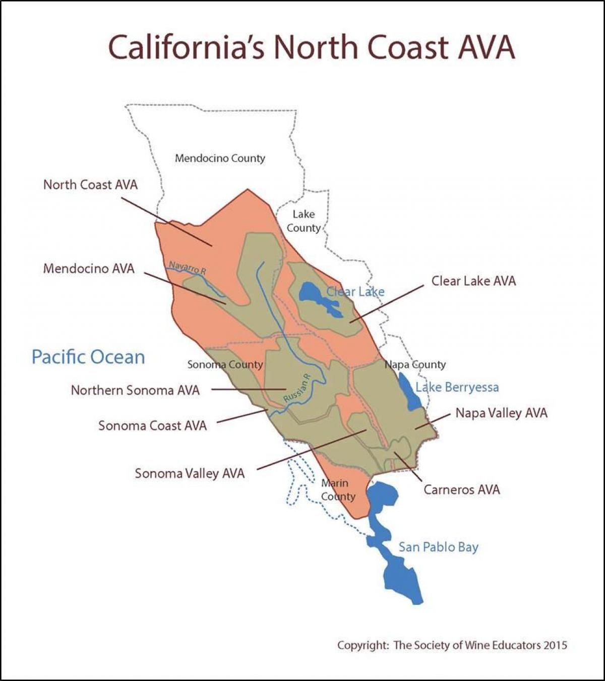 Žemėlapis kalifornijos pakrantėje į šiaurę nuo San Francisko