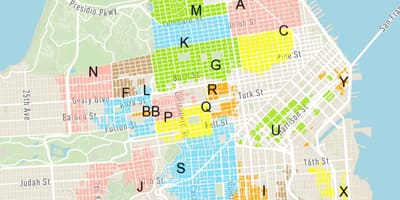 Nemokama gatvės automobilių stovėjimo aikštelė San Francisko žemėlapyje